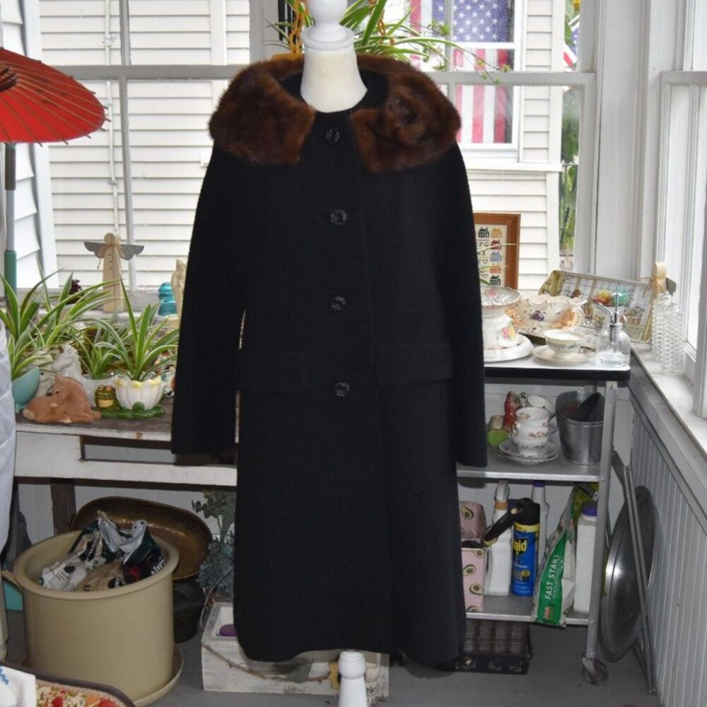 Vintage 1960s Charles F Berg Black Wool Coat Mink Fur Collar Union Made M/L